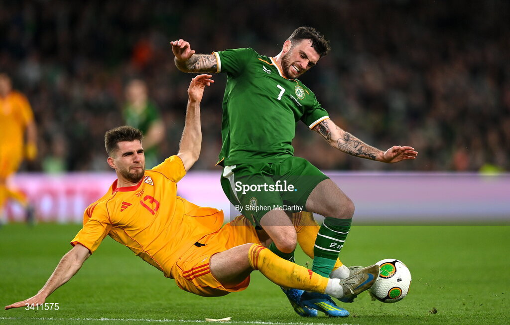 31 March 2026; Troy Parrott of Republic of Ireland is tackled by Imran Fetai of North Macedonia during the international friendly match between Republic of Ireland and North Macedonia at Aviva Stadium in Dublin. Photo by Stephen McCarthy/Sportsfile