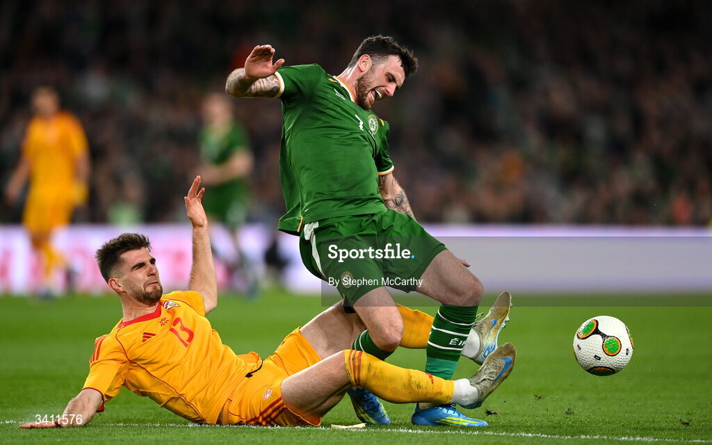 31 March 2026; Troy Parrott of Republic of Ireland is tackled by Imran Fetai of North Macedonia during the international friendly match between Republic of Ireland and North Macedonia at Aviva Stadium in Dublin. Photo by Stephen McCarthy/Sportsfile