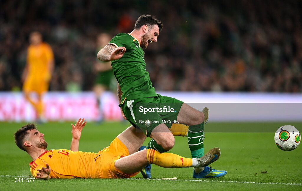 31 March 2026; Troy Parrott of Republic of Ireland is tackled by Imran Fetai of North Macedonia during the international friendly match between Republic of Ireland and North Macedonia at Aviva Stadium in Dublin. Photo by Stephen McCarthy/Sportsfile