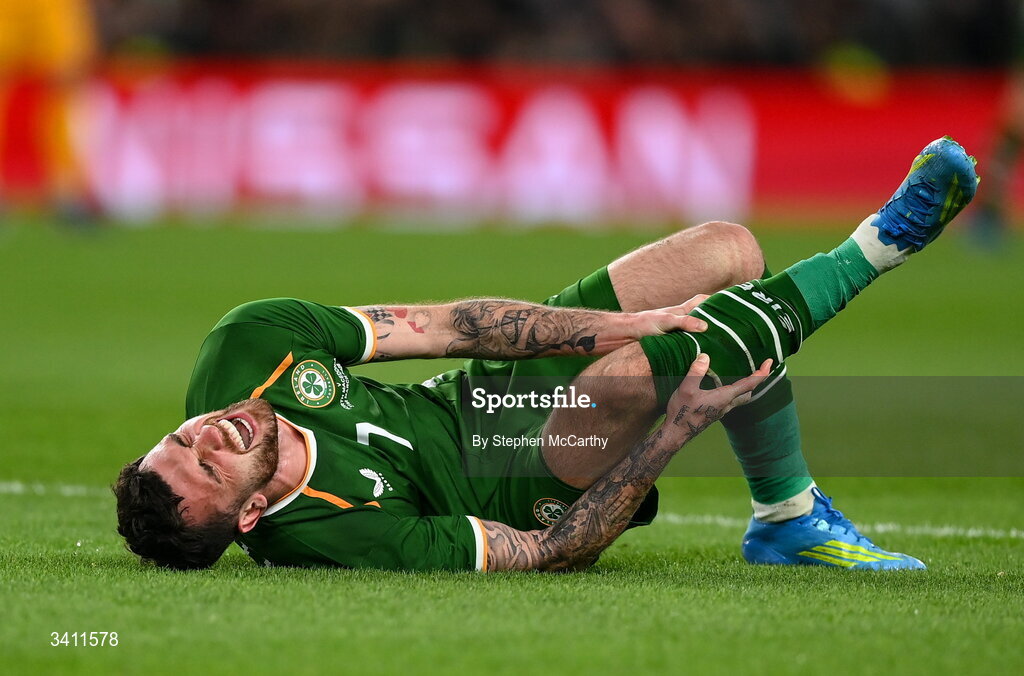31 March 2026; Troy Parrott of Republic of Ireland reacts after sustaining an injury during the international friendly match between Republic of Ireland and North Macedonia at Aviva Stadium in Dublin. Photo by Stephen McCarthy/Sportsfile