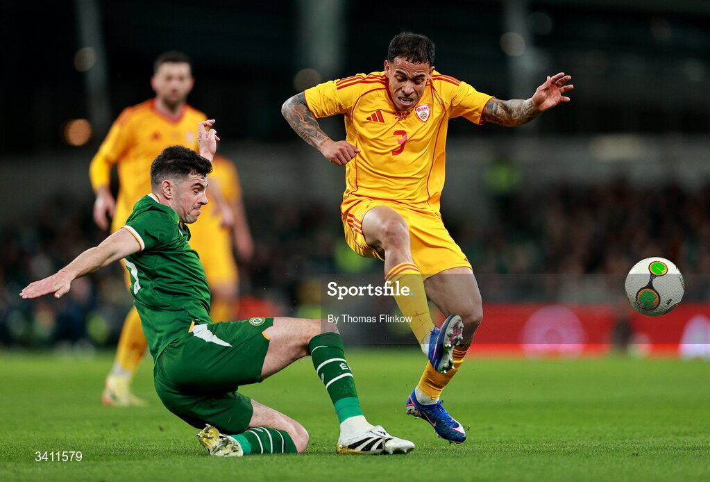 31 March 2026; Sebastijan Herera of North Macedonia is tackled by John Egan of Republic of Ireland during the international friendly match between Republic of Ireland and North Macedonia at Aviva Stadium in Dublin. Photo by Thomas Flinkow/Sportsfile