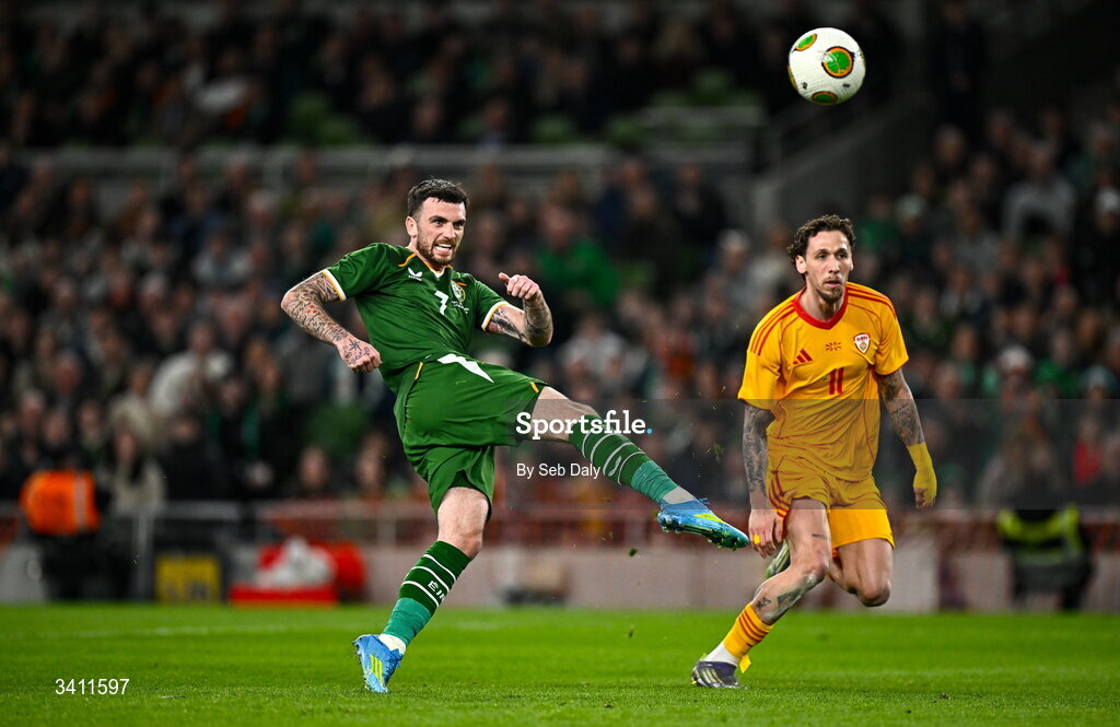 31 March 2026; Troy Parrott of Republic of Ireland has a shot on goal during the international friendly match between Republic of Ireland and North Macedonia at the Aviva Stadium in Dublin. Photo by Seb Daly/Sportsfile