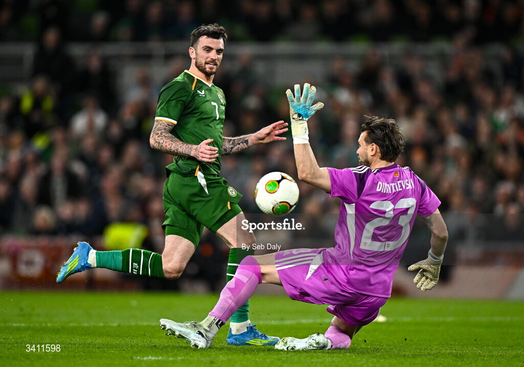 31 March 2026; Troy Parrott of Republic of Ireland shoots the ball past North Macedonia goalkeeper Stole Dimitrievski to score, but which was subsequently ruled out for offside, during the international friendly match between Republic of Ireland and North Macedonia at the Aviva Stadium in Dublin. Photo by Seb Daly/Sportsfile