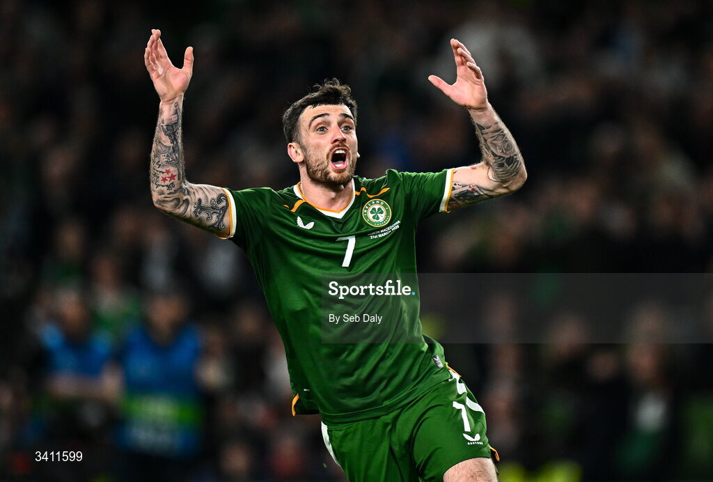 31 March 2026; Troy Parrott of Republic of Ireland reacts after having a goal ruled out for offside during the international friendly match between Republic of Ireland and North Macedonia at the Aviva Stadium in Dublin. Photo by Seb Daly/Sportsfile