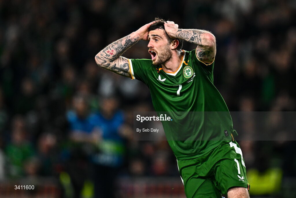 31 March 2026; Troy Parrott of Republic of Ireland reacts after having a goal ruled out for offside during the international friendly match between Republic of Ireland and North Macedonia at the Aviva Stadium in Dublin. Photo by Seb Daly/Sportsfile