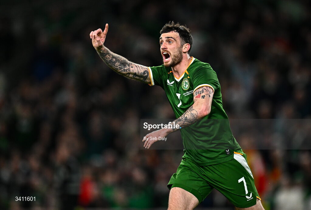 31 March 2026; Troy Parrott of Republic of Ireland reacts after having a goal ruled out for offside during the international friendly match between Republic of Ireland and North Macedonia at the Aviva Stadium in Dublin. Photo by Seb Daly/Sportsfile