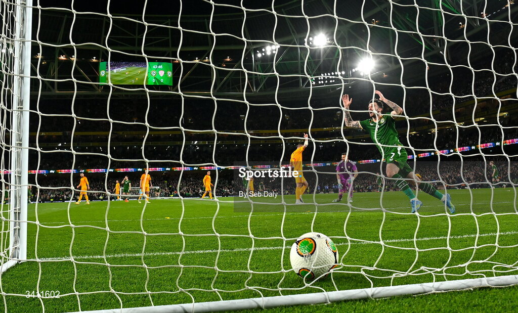 31 March 2026; Troy Parrott of Republic of Ireland reacts after scoring, but which was subsequently ruled out for offside, during the international friendly match between Republic of Ireland and North Macedonia at the Aviva Stadium in Dublin. Photo by Seb Daly/Sportsfile