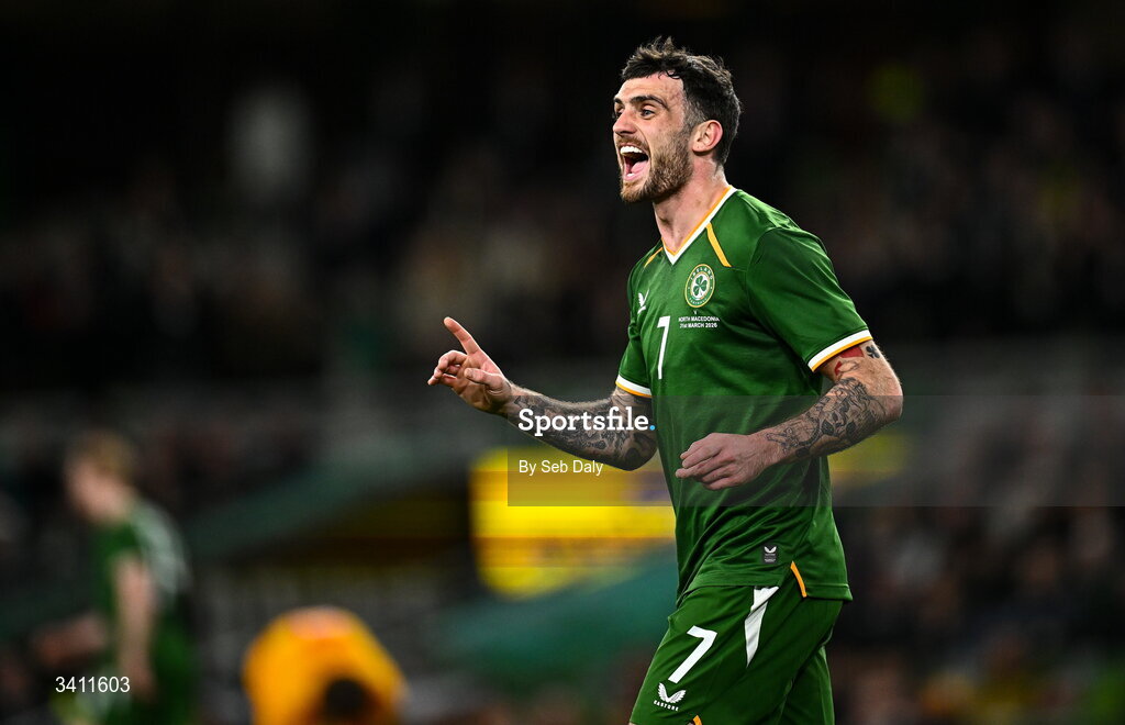 31 March 2026; Troy Parrott of Republic of Ireland reacts after having a goal ruled out for offside during the international friendly match between Republic of Ireland and North Macedonia at the Aviva Stadium in Dublin. Photo by Seb Daly/Sportsfile