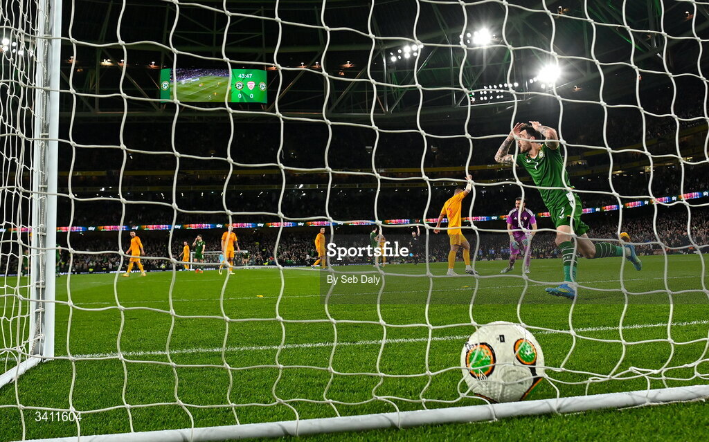 31 March 2026; Troy Parrott of Republic of Ireland reacts after scoring, but which was subsequently ruled out for offside, during the international friendly match between Republic of Ireland and North Macedonia at the Aviva Stadium in Dublin. Photo by Seb Daly/Sportsfile