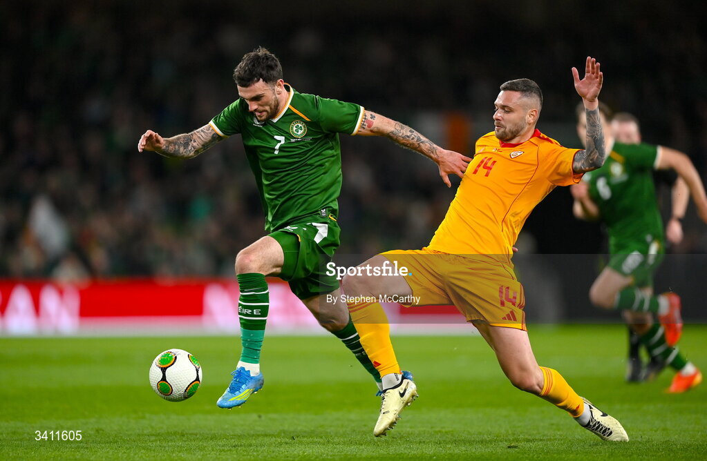 31 March 2026; Troy Parrott of Republic of Ireland is tackled by Darko Velkovski of North Macedonia during the international friendly match between Republic of Ireland and North Macedonia at Aviva Stadium in Dublin. Photo by Stephen McCarthy/Sportsfile