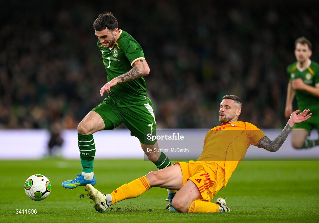 31 March 2026; Troy Parrott of Republic of Ireland is tackled by Darko Velkovski of North Macedonia during the international friendly match between Republic of Ireland and North Macedonia at Aviva Stadium in Dublin. Photo by Stephen McCarthy/Sportsfile