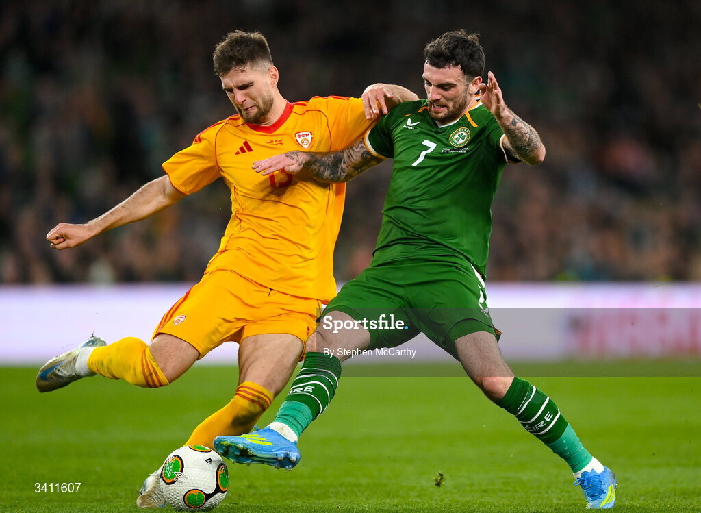 31 March 2026; Troy Parrott of Republic of Ireland is tackled by Imran Fetai of North Macedonia during the international friendly match between Republic of Ireland and North Macedonia at Aviva Stadium in Dublin. Photo by Stephen McCarthy/Sportsfile