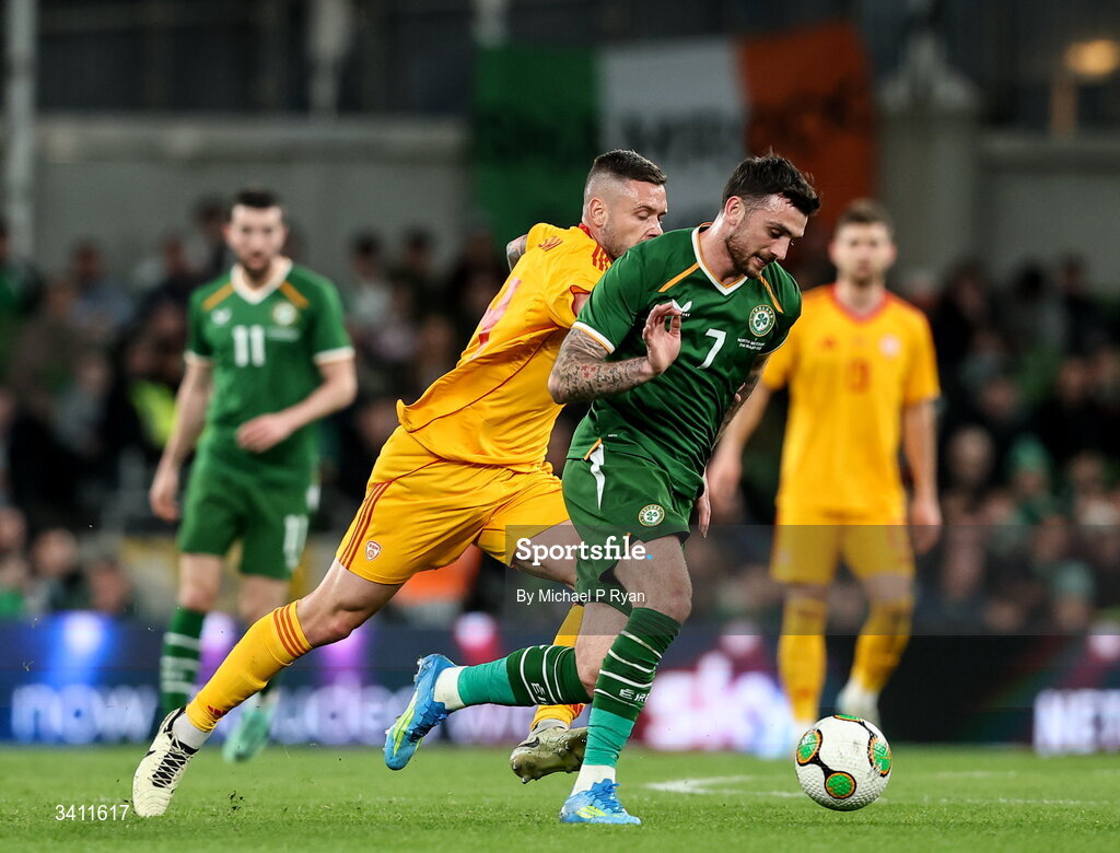 31 March 2026; Troy Parrott of Republic of Ireland in action against Darko Velkovski of North Macedonia during the international friendly match between Republic of Ireland and North Macedonia at Aviva Stadium in Dublin. Photo by Michael P Ryan/Sportsfile