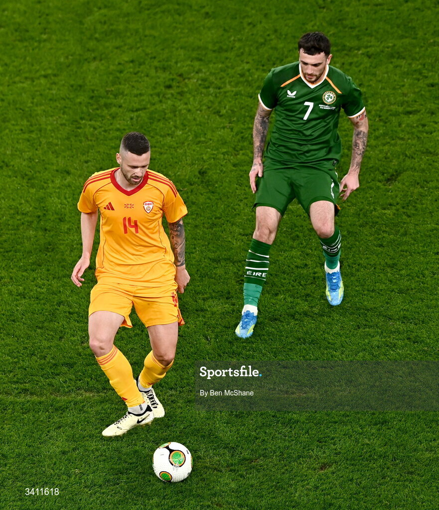 31 March 2026; Darko Velkovski of North Macedonia in action against Troy Parrott of Republic of Ireland during the international friendly match between Republic of Ireland and North Macedonia at Aviva Stadium in Dublin. Photo by Ben McShane/Sportsfile