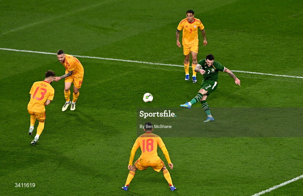 31 March 2026; Troy Parrott of Republic of Ireland has a shot on goal during the international friendly match between Republic of Ireland and North Macedonia at Aviva Stadium in Dublin. Photo by Ben McShane/Sportsfile