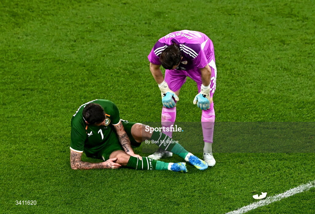 31 March 2026; North Macedonia goalkeeper Stole Dimitrievski checks on teh welfare of Troy Parrott of Republic of Ireland during the international friendly match between Republic of Ireland and North Macedonia at Aviva Stadium in Dublin. Photo by Ben McShane/Sportsfile