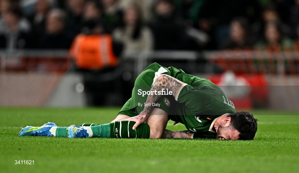 31 March 2026; Troy Parrott of Republic of Ireland reacts after sustaining an injury during the international friendly match between Republic of Ireland and North Macedonia at Aviva Stadium in Dublin. Photo by Seb Daly/Sportsfile