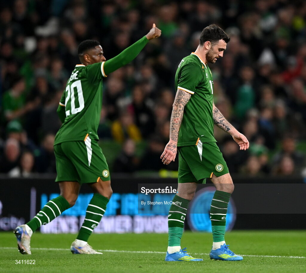 31 March 2026; Troy Parrott, right, and Adam Idah of Republic of Ireland during the international friendly match between Republic of Ireland and North Macedonia at Aviva Stadium in Dublin. Photo by Stephen McCarthy/Sportsfile