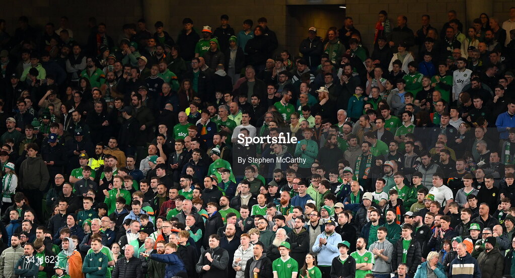 31 March 2026; Republic of Ireland supporters during the international friendly match between Republic of Ireland and North Macedonia at Aviva Stadium in Dublin. Photo by Stephen McCarthy/Sportsfile