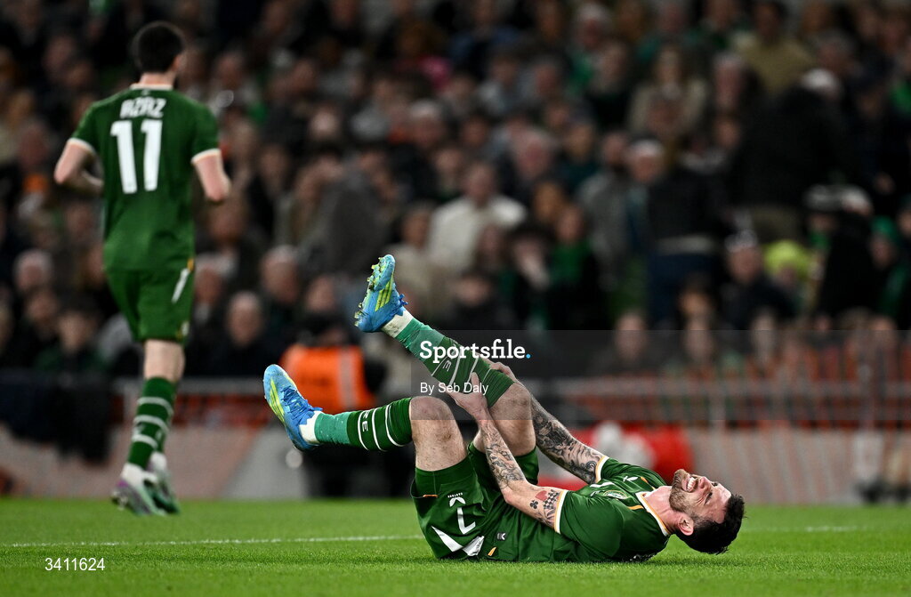 31 March 2026; Troy Parrott of Republic of Ireland reacts after sustaining an injury during the international friendly match between Republic of Ireland and North Macedonia at Aviva Stadium in Dublin. Photo by Seb Daly/Sportsfile
