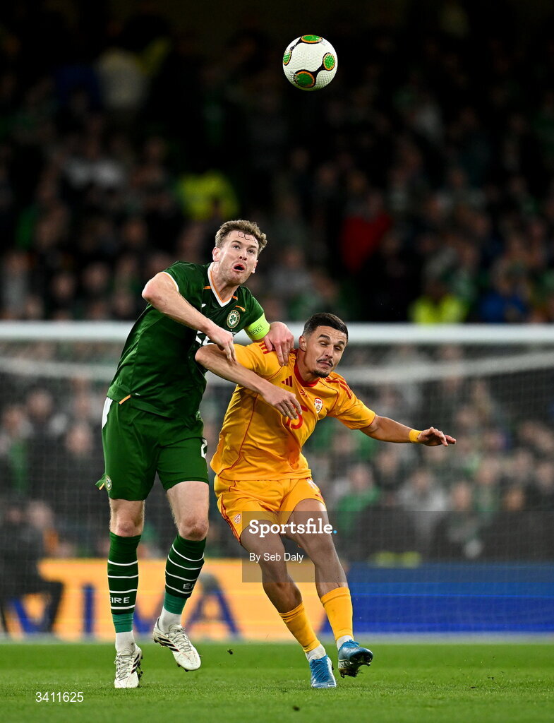 31 March 2026; Nathan Collins of Republic of Ireland in action against Elmin Rastoder of North Macedonia during the international friendly match between Republic of Ireland and North Macedonia at the Aviva Stadium in Dublin. Photo by Seb Daly/Sportsfile