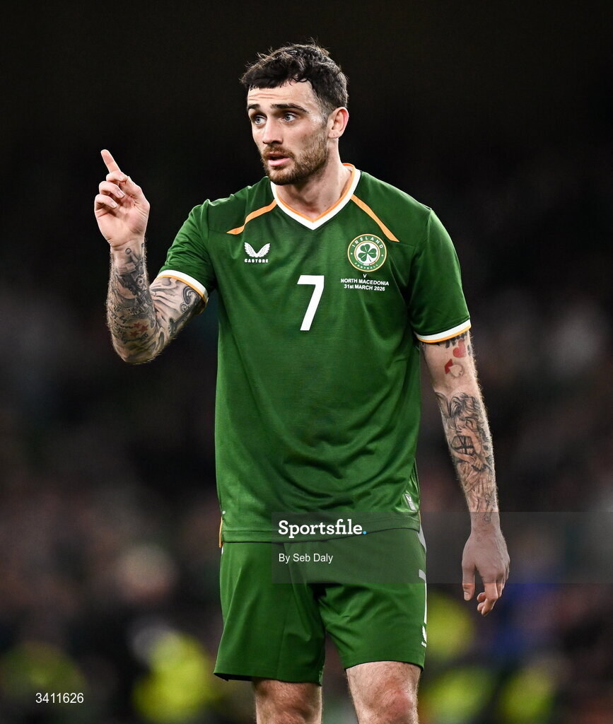 31 March 2026; Troy Parrott of Republic of Ireland during the international friendly match between Republic of Ireland and North Macedonia at the Aviva Stadium in Dublin. Photo by Seb Daly/Sportsfile