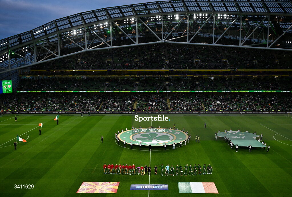 31 March 2026; The teams line up for the national anthems before the international friendly match between Republic of Ireland and North Macedonia at Aviva Stadium in Dublin. Photo by Ben McShane/Sportsfile