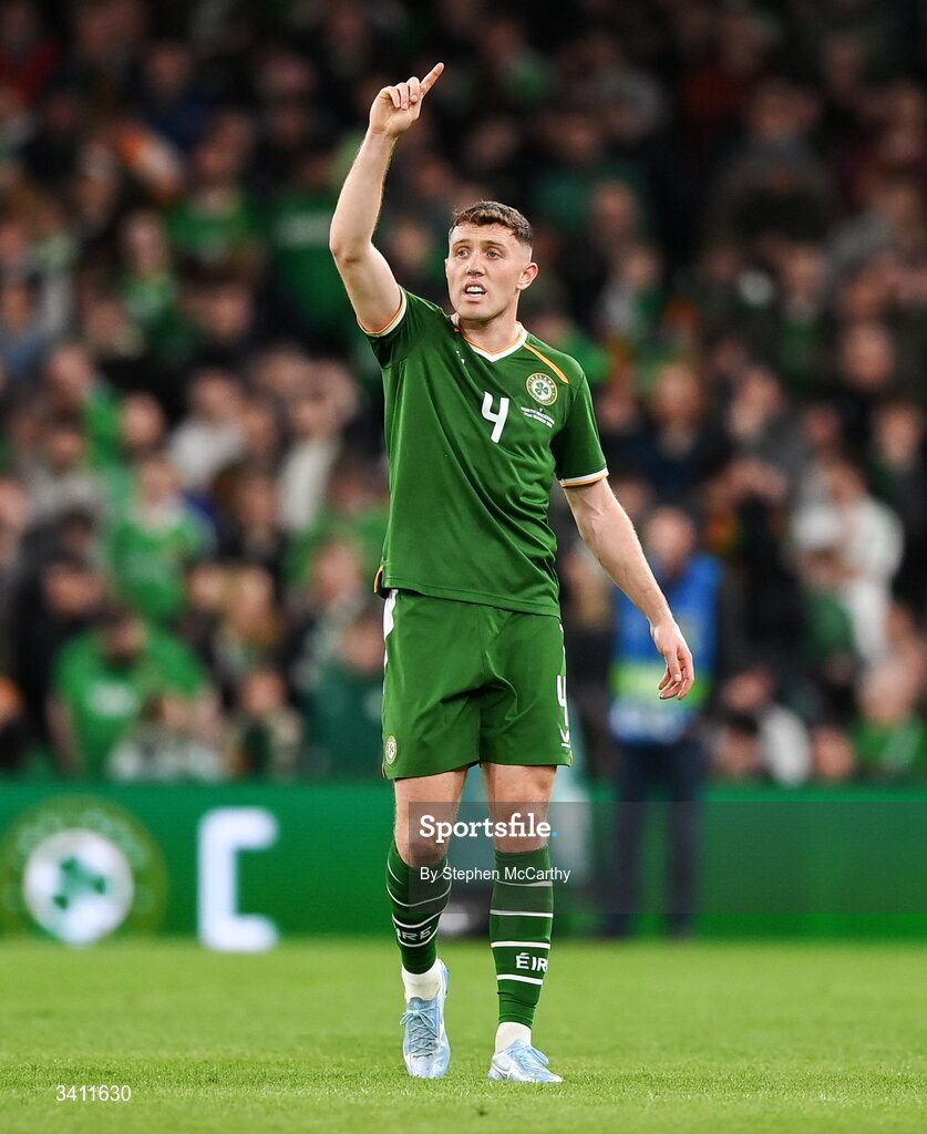 31 March 2026; Dara O'Shea of Republic of Ireland during the international friendly match between Republic of Ireland and North Macedonia at Aviva Stadium in Dublin. Photo by Stephen McCarthy/Sportsfile