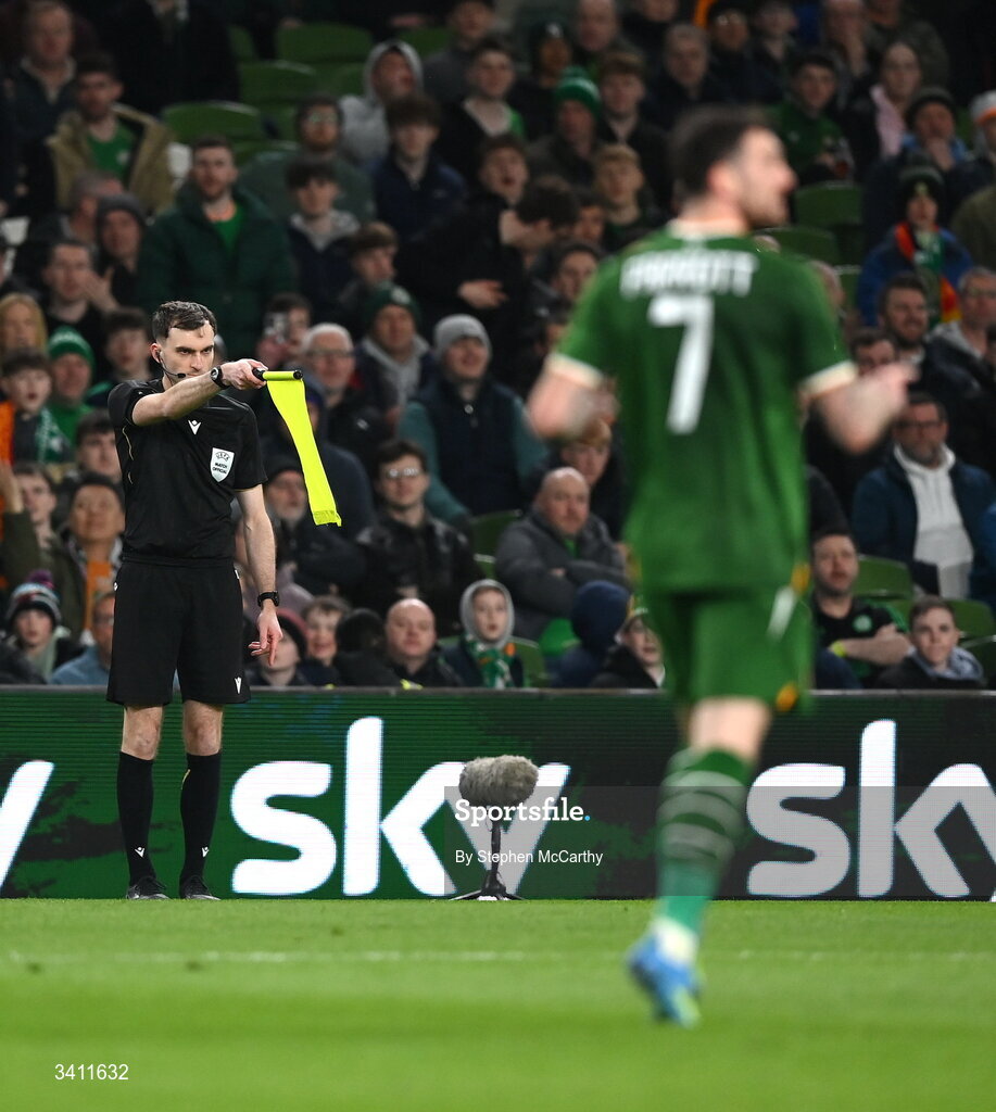 31 March 2026; Assistant referee Harry Hendricks signals an offside for Troy Parrott of Republic of Ireland, after he scored, during the international friendly match between Republic of Ireland and North Macedonia at Aviva Stadium in Dublin. Photo by Stephen McCarthy/Sportsfile