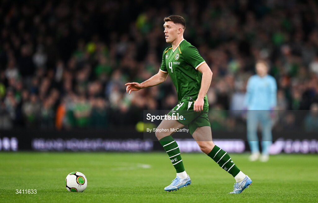 31 March 2026; Dara O'Shea of Republic of Ireland during the international friendly match between Republic of Ireland and North Macedonia at Aviva Stadium in Dublin. Photo by Stephen McCarthy/Sportsfile