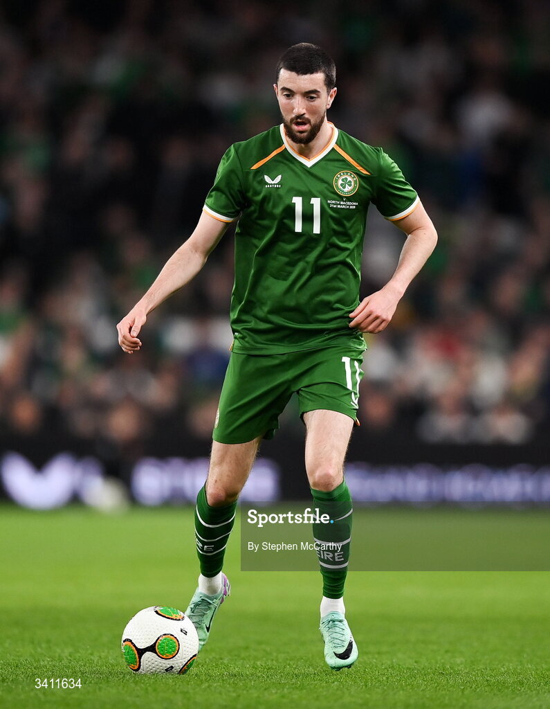 31 March 2026; Finn Azaz of Republic of Ireland during the international friendly match between Republic of Ireland and North Macedonia at Aviva Stadium in Dublin. Photo by Stephen McCarthy/Sportsfile
