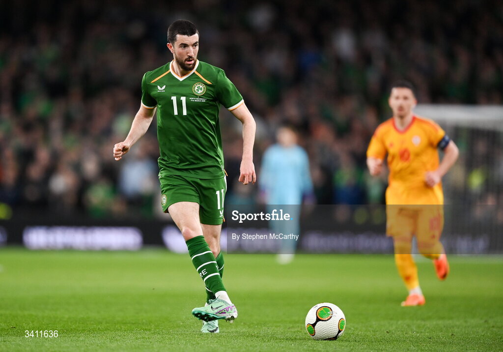 31 March 2026; Finn Azaz of Republic of Ireland during the international friendly match between Republic of Ireland and North Macedonia at Aviva Stadium in Dublin. Photo by Stephen McCarthy/Sportsfile