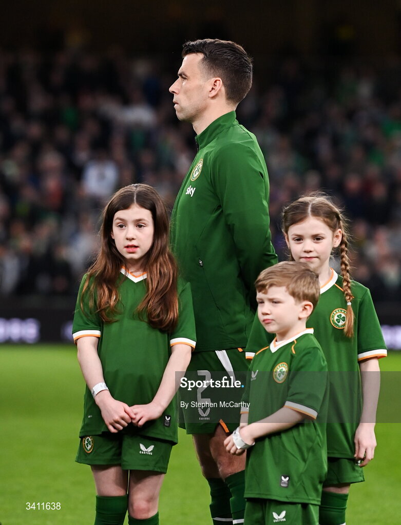 31 March 2026; Seamus Coleman of Republic of Ireland with his children, from left, Lily, Blake and Ellie, before the international friendly match between Republic of Ireland and North Macedonia at Aviva Stadium in Dublin. Photo by Stephen McCarthy/Sportsfile