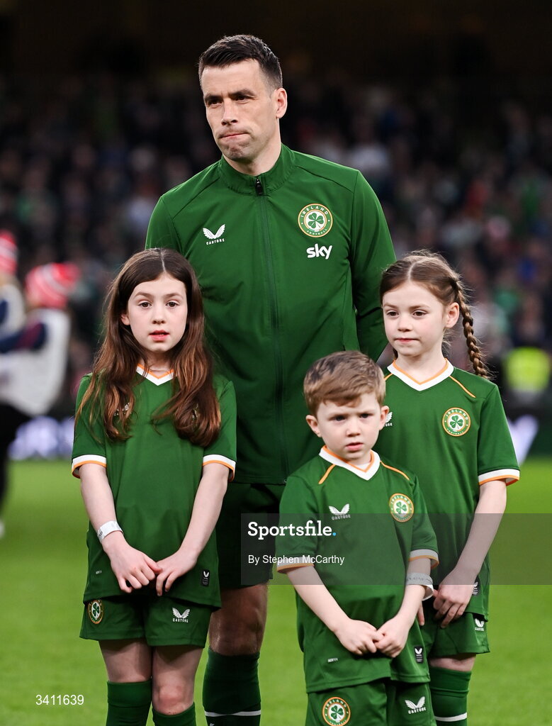 31 March 2026; Seamus Coleman of Republic of Ireland with his children, from left, Lily, Blake and Ellie, before the international friendly match between Republic of Ireland and North Macedonia at Aviva Stadium in Dublin. Photo by Stephen McCarthy/Sportsfile