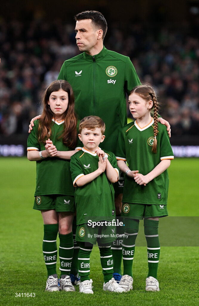 31 March 2026; Seamus Coleman of Republic of Ireland with his children, from left, Lily, Blake and Ellie, before the international friendly match between Republic of Ireland and North Macedonia at Aviva Stadium in Dublin. Photo by Stephen McCarthy/Sportsfile