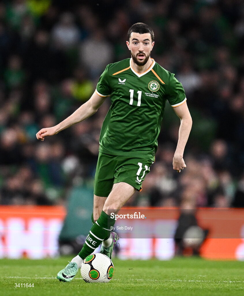 31 March 2026; Finn Azaz of Republic of Ireland during the international friendly match between Republic of Ireland and North Macedonia at the Aviva Stadium in Dublin. Photo by Seb Daly/Sportsfile