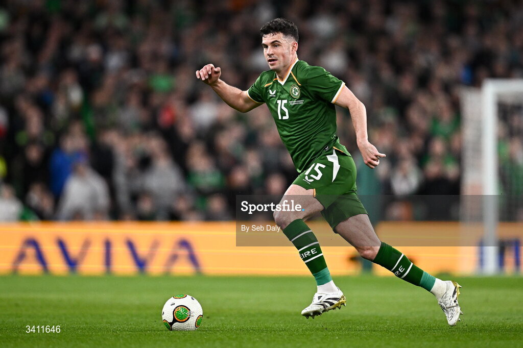 31 March 2026; John Egan of Republic of Ireland during the international friendly match between Republic of Ireland and North Macedonia at the Aviva Stadium in Dublin. Photo by Seb Daly/Sportsfile
