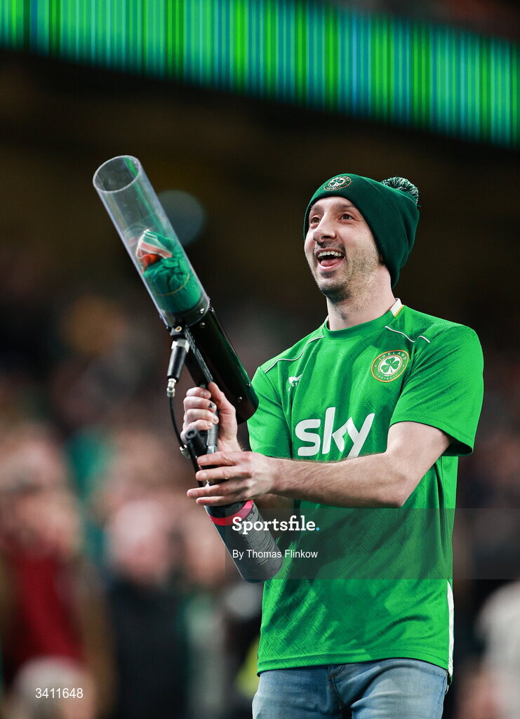 31 March 2026; A shirt cannon is used during the half-time break in the international friendly match between Republic of Ireland and North Macedonia at Aviva Stadium in Dublin. Photo by Thomas Flinkow/Sportsfile