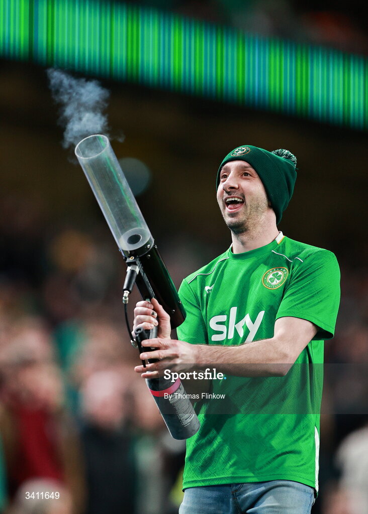 31 March 2026; A shirt cannon is used during the half-time break in the international friendly match between Republic of Ireland and North Macedonia at Aviva Stadium in Dublin. Photo by Thomas Flinkow/Sportsfile