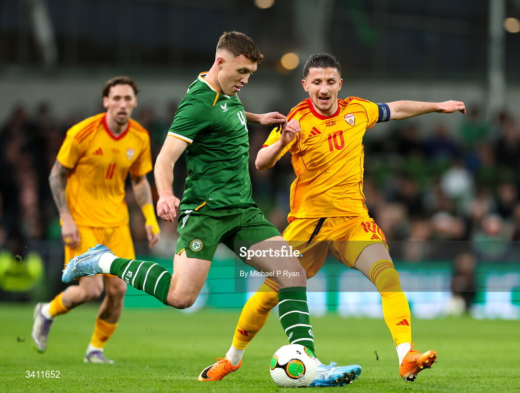 31 March 2026; Dara O'Shea of Republic of Ireland in action against Enis Bardhi of North Macedonia during the international friendly match between Republic of Ireland and North Macedonia at Aviva Stadium in Dublin. Photo by Michael P Ryan/Sportsfile