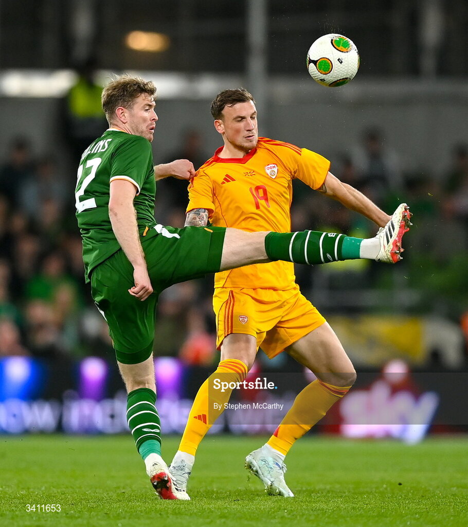 31 March 2026; Nathan Collins of Republic of Ireland in action against Milan Ristovski of North Macedonia during the international friendly match between Republic of Ireland and North Macedonia at Aviva Stadium in Dublin. Photo by Stephen McCarthy/Sportsfile