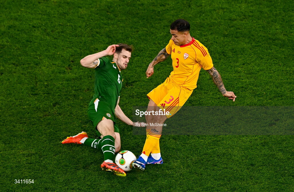 31 March 2026; Sebastijan Herera of North Macedonia is tackled by Jayson Molumby of Republic of Ireland during the international friendly match between Republic of Ireland and North Macedonia at Aviva Stadium in Dublin. Photo by Ben McShane/Sportsfile