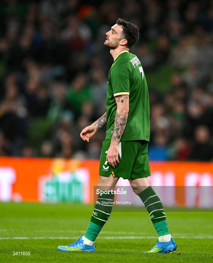 31 March 2026; Troy Parrott of Republic of Ireland reacts during the international friendly match between Republic of Ireland and North Macedonia at Aviva Stadium in Dublin. Photo by Stephen McCarthy/Sportsfile