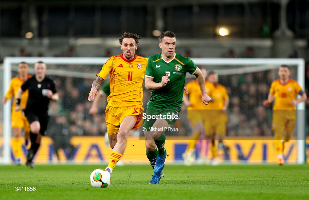 31 March 2026; Seamus Coleman of Republic of Ireland in action against Darko Churlinov of North Macedonia during the international friendly match between Republic of Ireland and North Macedonia at Aviva Stadium in Dublin. Photo by Michael P Ryan/Sportsfile