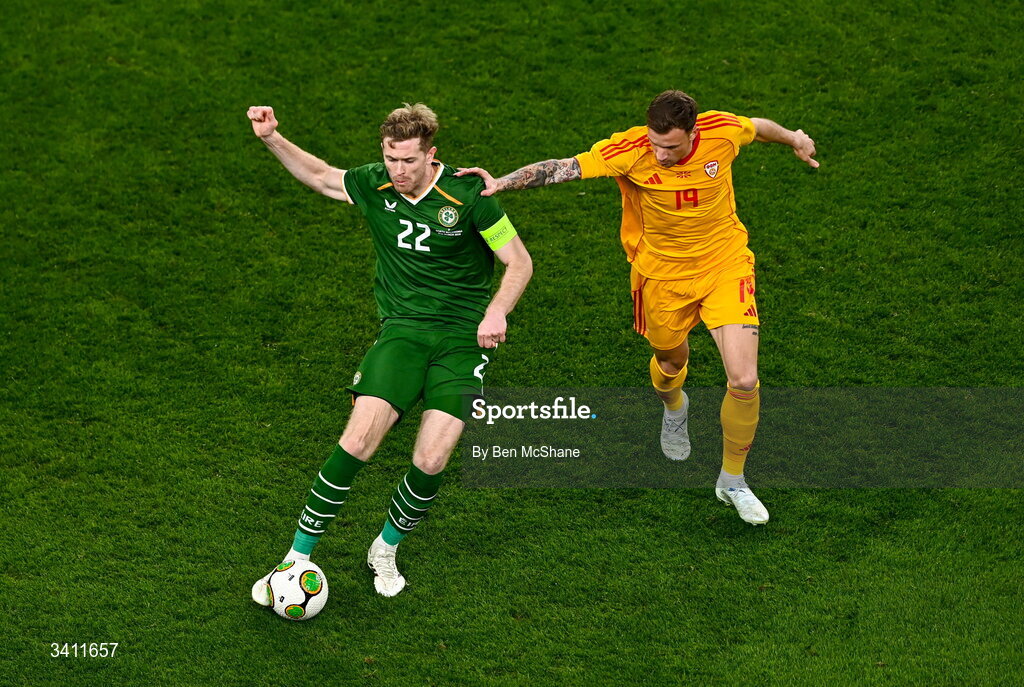 31 March 2026; Nathan Collins of Republic of Ireland in action against Milan Ristovski of North Macedonia during the international friendly match between Republic of Ireland and North Macedonia at Aviva Stadium in Dublin. Photo by Ben McShane/Sportsfile