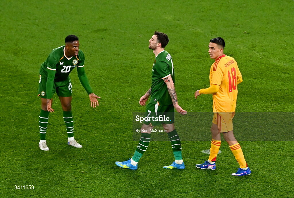 31 March 2026; Troy Parrott, centre, and Chiedozie Ogbene of Republic of Ireland react during the international friendly match between Republic of Ireland and North Macedonia at Aviva Stadium in Dublin. Photo by Ben McShane/Sportsfile
