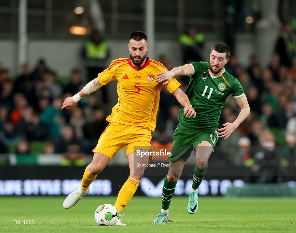 31 March 2026; Gjoko Zajkov of North Macedonia Republic of Ireland  Finn Azaz of Republic of Ireland during the international friendly match between Republic of Ireland and North Macedonia at Aviva Stadium in Dublin. Photo by Michael P Ryan/Sportsfile
