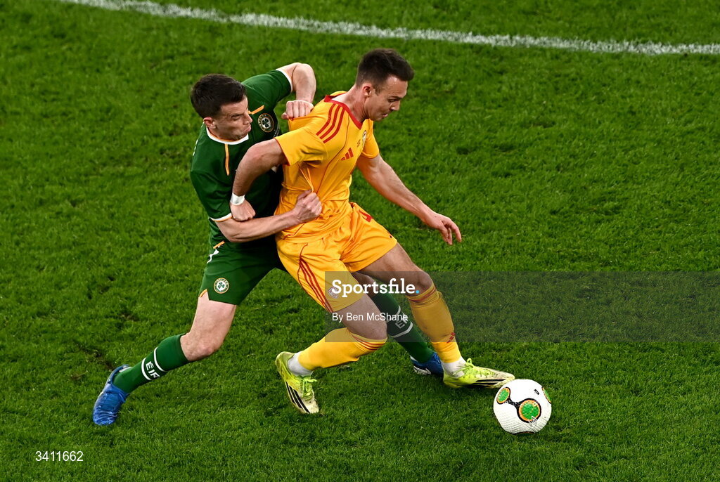 31 March 2026; Daniel Musovski of North Macedonia is tackled by Seamus Coleman of Republic of Ireland during the international friendly match between Republic of Ireland and North Macedonia at Aviva Stadium in Dublin. Photo by Ben McShane/Sportsfile