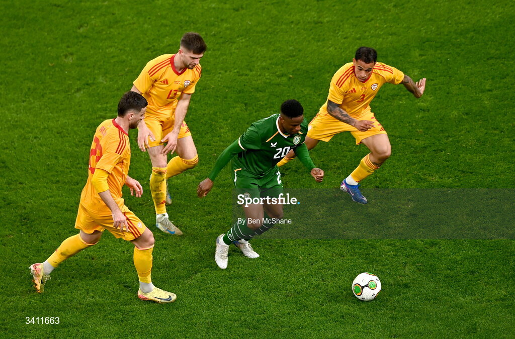 31 March 2026; Chiedozie Ogbene of Republic of Ireland in action against North Macedonia players, from left, Isnik Alimi, Stole Dimitrievski and Sebastijan Herera during the international friendly match between Republic of Ireland and North Macedonia at Aviva Stadium in Dublin. Photo by Ben McShane/Sportsfile