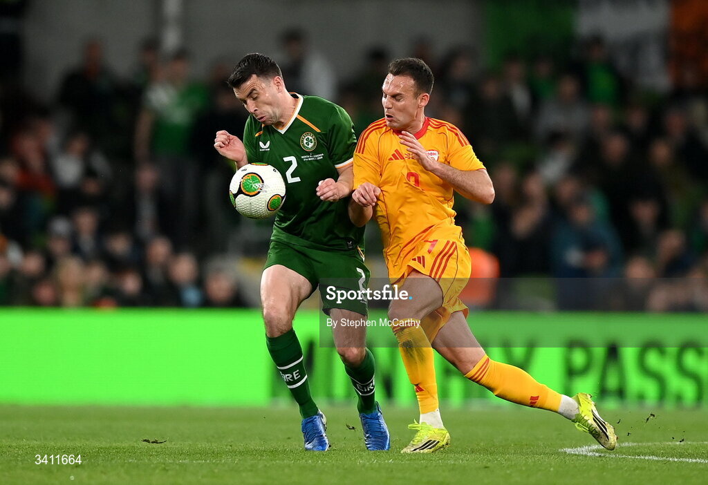 31 March 2026; Seamus Coleman of Republic of Ireland and Daniel Musovski of North Macedonia contest possession during the international friendly match between Republic of Ireland and North Macedonia at Aviva Stadium in Dublin. Photo by Stephen McCarthy/Sportsfile